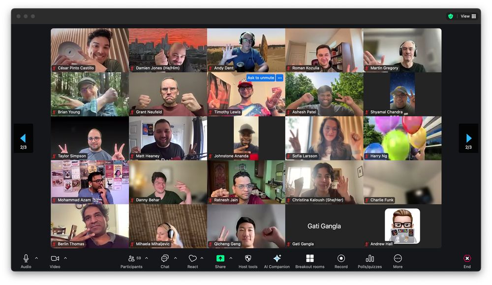 Participants at iOSDevHappyHour on a Zoom call, holding up their hands in "rock paper or scissors"