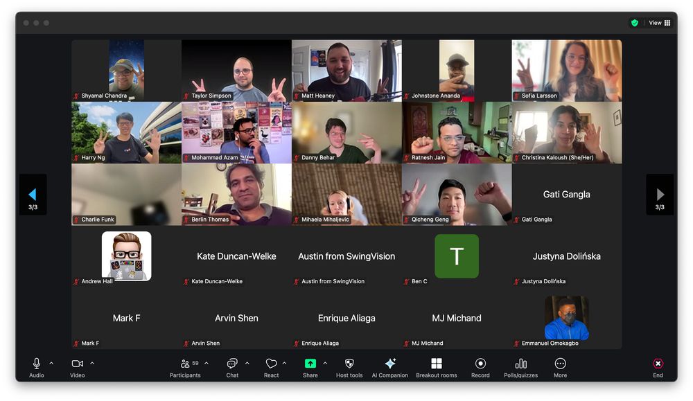 Participants at iOSDevHappyHour on a Zoom call, holding up their hands in "rock paper or scissors"
