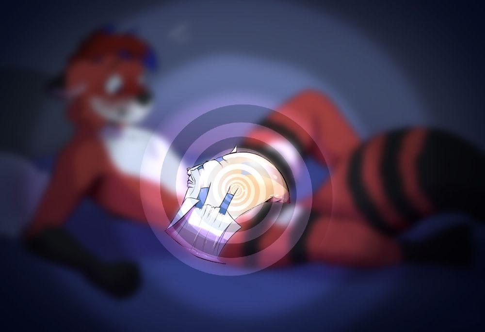 A censored image of an anthro fox character in a wet diaper. There is a faint spiral on top of it, as well as a transparent, circular gradient that goes from light to dark with the dark parts on the outside & the light part right on top of the diaper.