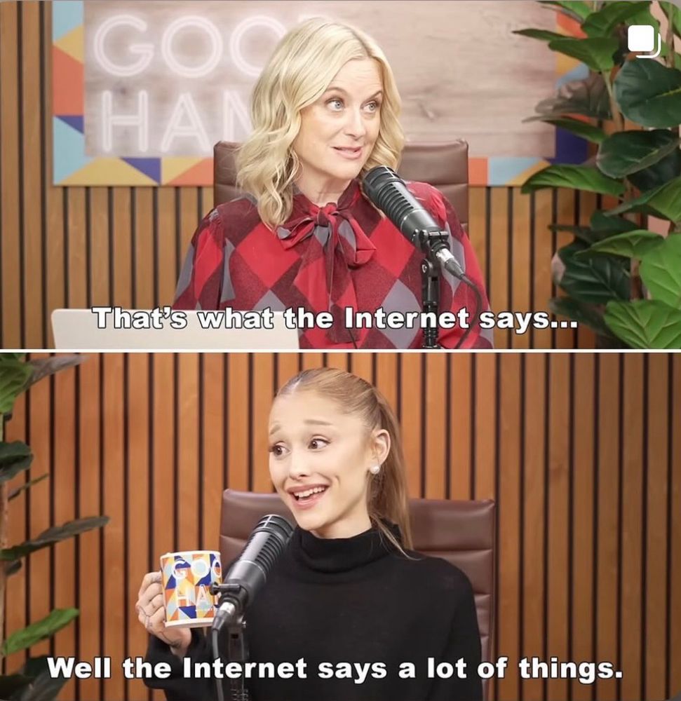 Amy Pohler saying: that’s what the internet says… 

And Ariana grande replies: well the internet says a lot of things.