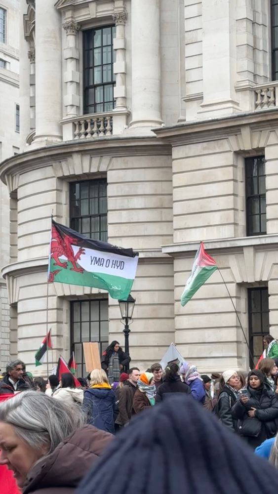 A picture of the Palestinian rally with a Welsh Palestinian flag with the Welsh words that translate to always here 