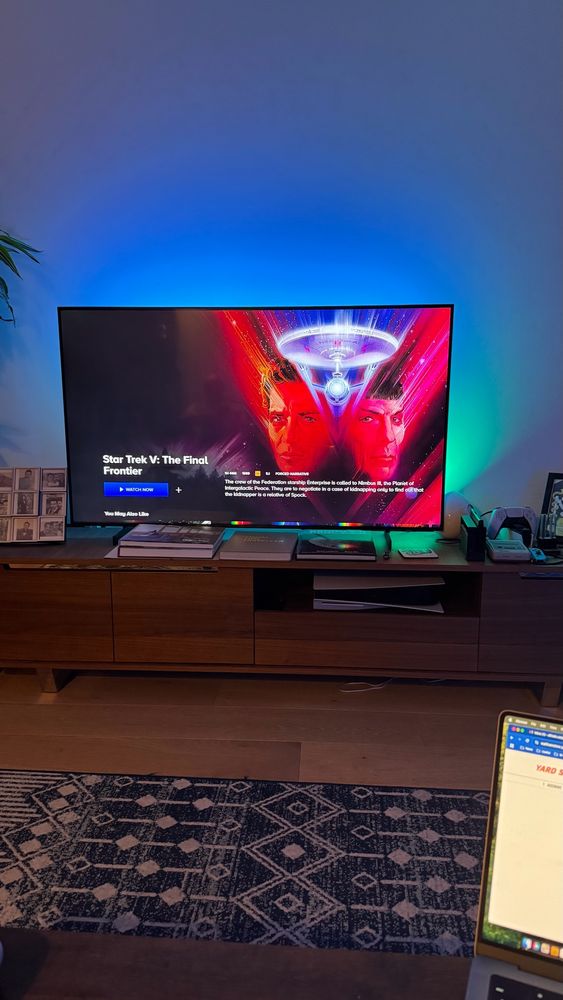 A picture of our tv showing the menu of paramount plus to watch Star Trek V: the final frontier 