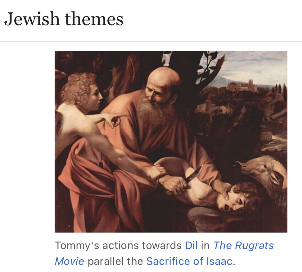 Jewish Themes

A painting depicting Abraham preparing to sacrifice his son Isaac, captioned "Tommy's actions towards Dil in 'The Rugrats Movie' parallel the Sacrifice of Isaac.