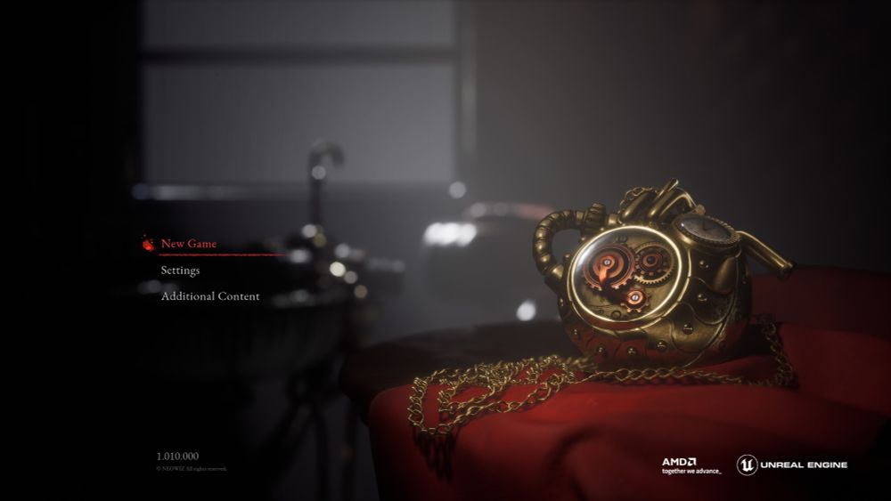 Main menu of lies of p with a mechanical heart on top of red velvet cloth 