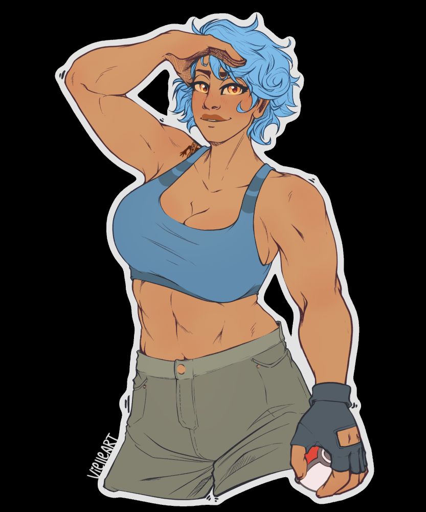 buff tanned lady with blue hair and gold eyes, wearing a sports bra and shorts and a single glove, holding a pokeball. she's shielding her eyes from the sunlight and looking at the camera.