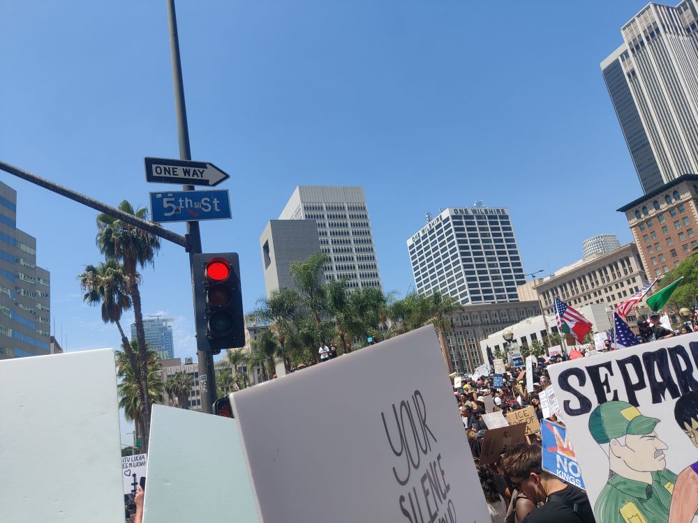 Many protest posters in foreground. Traffic light and street sign denoting 5th Street and a one way in the back. Further back are skyscrapers.