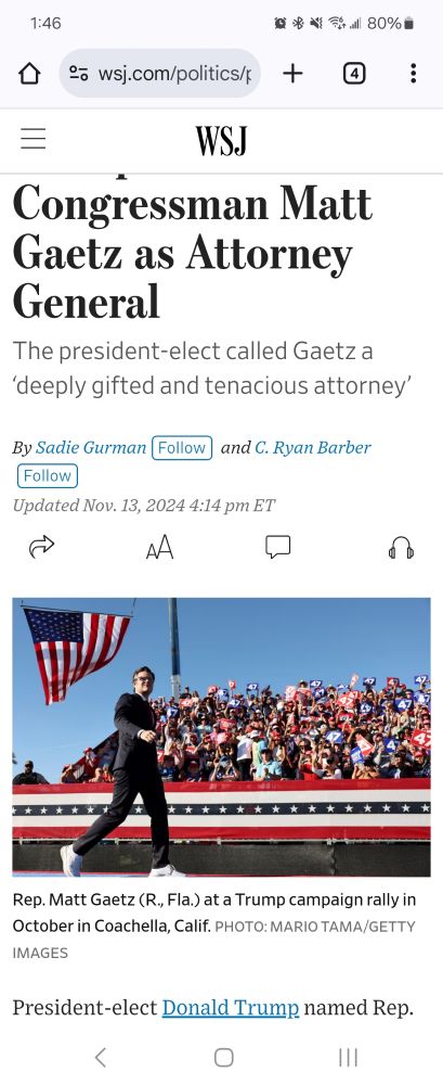 Wall Street journal article titled "Trump picks congressman Matt Gaetz as attorney general"