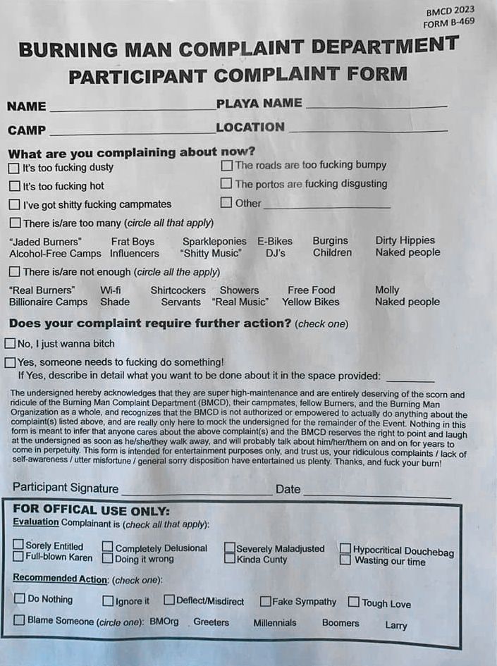Complaint Form from the Burning Man Complaint Department @ Anonymous Village
