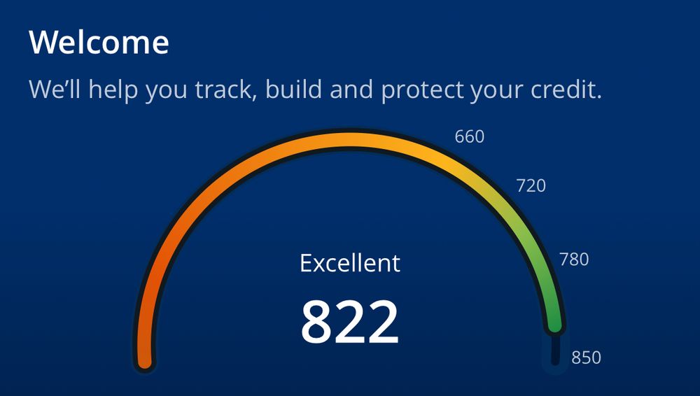 A screenshot of a credit score of 822.