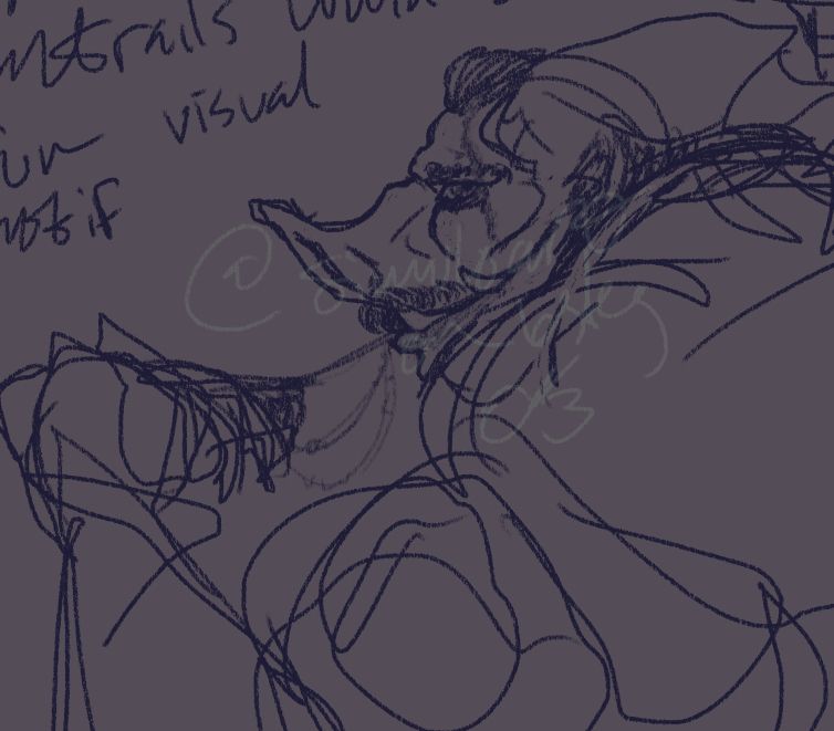 oughh it's a sketchy pig boar kinda thing... they're like, looking over their shoulder while eating something grossly and messily with little spit falling from whatever sinuous bit is half in their mouth and stuff idk. They got a scar that I dunno if I'm a fan of, and human(ish) hair. Two tusks on one side, four overall. 
Messy notes are also there they don't matter for this though
watermark is @simuloart on bsky