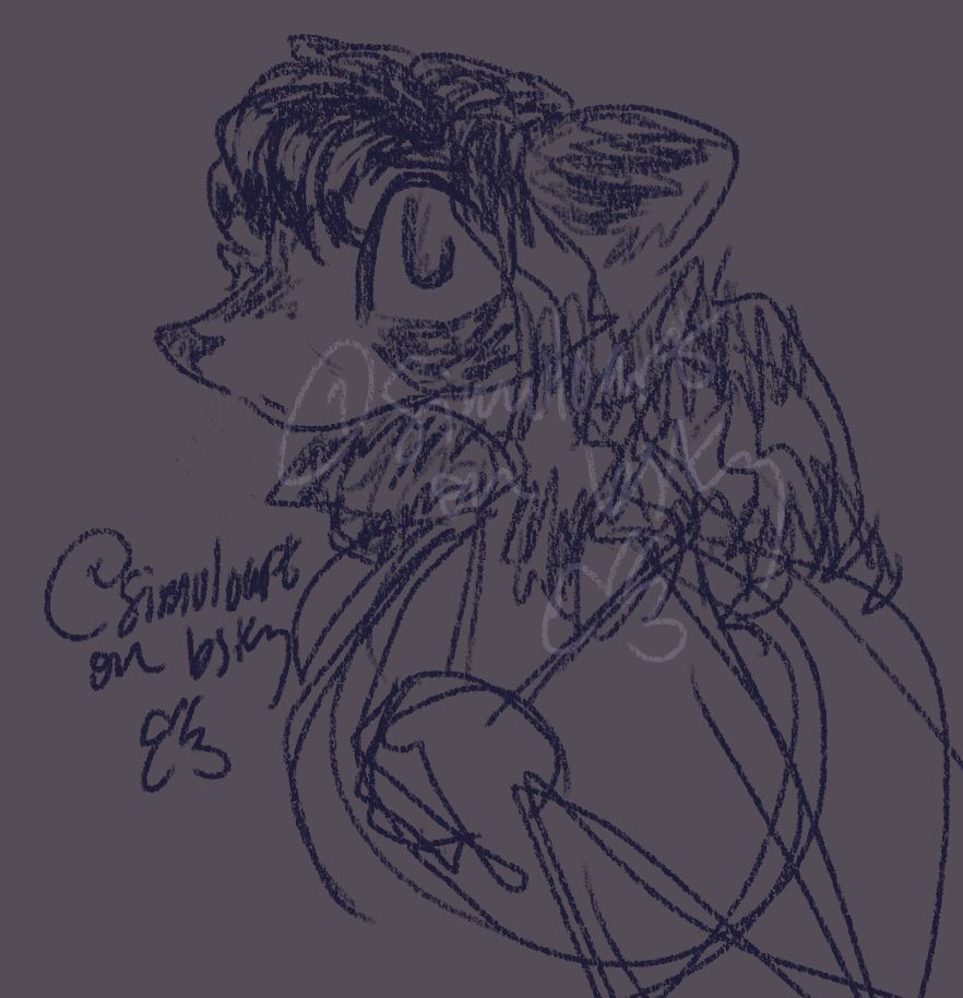 an anthropomorphic tanuki/raccoon dog person whatever. They have long hair and are holding a necklace of some sort. The drawing is like, super sketchy past the head because I didn't want to do anything else. Uhh the hair is slightly based off a painting of James Stuart by Anthony van Dyck, I thought the slightly curled bangs and stuff looked fun.