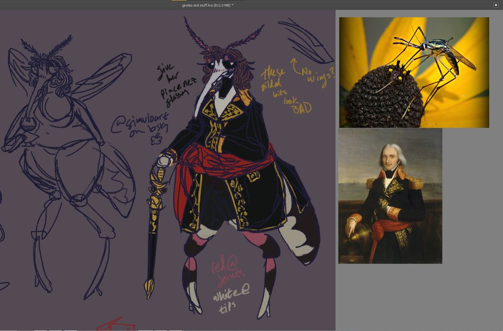 An anthropomorphic mosquito girl. She has brown hair and I didn't want to make her skin (which ranges from a pale white to a dark grey to a pinkish red) super detailed so I didn't. The one on the left is technically nude(?) because I didn't want to draw clothes, she's also sniffing wine from a wineglass. The one on the right is wearing a coat that is black with gold embellishments (that I think look bad for lack of effort). She's leaning on a smallsword that's supposed to have a mosquito-face motif. The notes read: "give her pince nez glasses" "these gilded bits look BAD" "^No wings?" "simuloart on bsky" "red@joints white@tips" 
The mosquito is a type of elephant mosquito, I forgot who the french admiral was in the painting.. but they're ~18th century and french and an admiral...