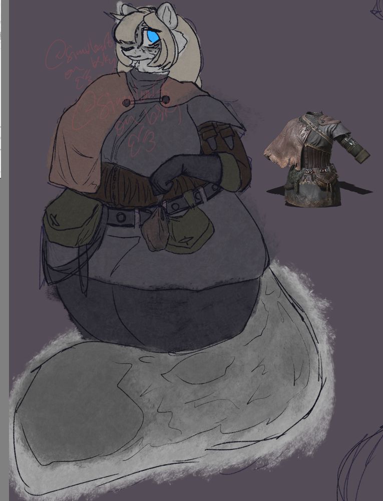catgirl, snow leopard-y. holding a pouch in her hand. clothes are like, the black leather set from the dark souls/etc. games. idk @simuloart on bsky