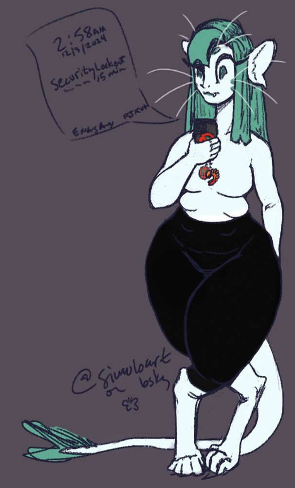 An ariral from Voices of the Void standing upright. Her skin is pale, her hair and eyes are a mint color. She is wearing black tights. She is holding a phone with vaguely-VotV themed adornments (a case that is supposed to be anti-alien, and an anti UFO and shrimp attachment. She appears annoyed, as the phone is saying that there is a security lockout. @simuloart on bsky