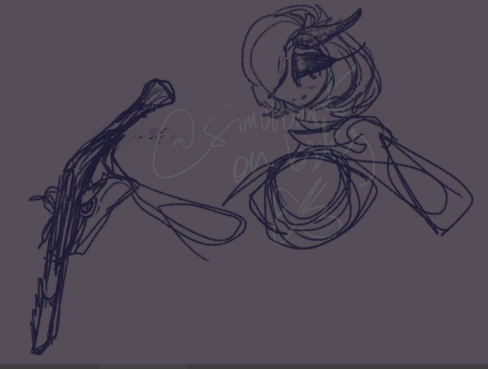 a sketchy drawing of a feminine figure from the uhhh chest up?? I guess?? holding a flintlock (since the open pan and the flintlock itself is visible) with her forefinger around the trigger and her other fingers stabilizing the barrel and grip in a showoff-ish way. She has a bob-cut kinda, and a horn is visible coming out of her forehead. She's smirking kinda and her eye is half closed and stuff and I don't want to type anymore 
watermark is @simuloart on bsky