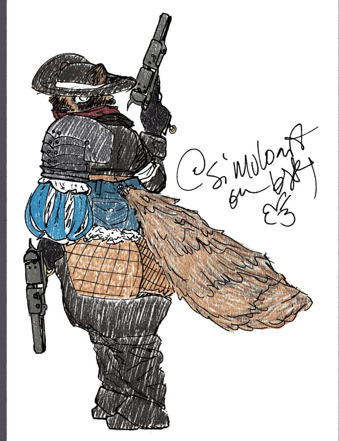 Raccoon dog/tanuki anthro with two revolvers (colt dragoon-ish guns), he has a boss of the plains hat, a bandana around the mouth, a cropped leather jacket, one arm is armored and ends in a puffy slit sleeve. The other arm has a uhhhh tied bandana or something that I forgot to color but I'm not going to like, admit that I forgot to color the inside of the slit sleeve and the thing around his arm cause that'd be embarrassing. He has cuirassier-ish boots that are also supposed to be like chaps (with a leather bit extending from the rim of the boots up to protect the front of the individual). I forgot to put that he has frayed cut denim shorts and fisnets on. @simuloart on bsky