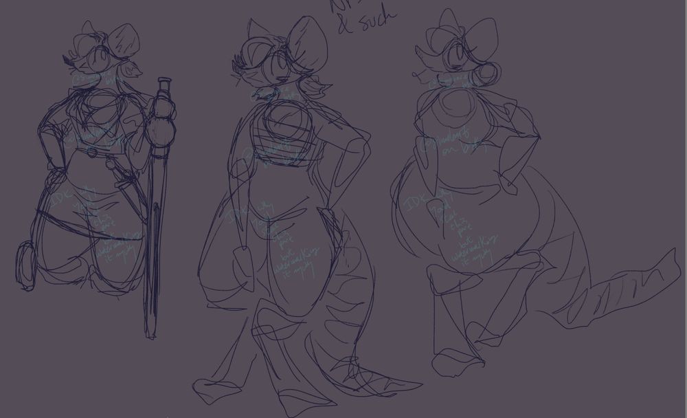 ohhhhhhhguhghghhhhhh I hate writing these so much oughhhhh
three anthro rat/mouse people, all supposed to be the same character? mostly. The right two are like, sketches of different bodytypes, kinda? I guess whatever. The one on the left has a handgonne with a flared base, wearing a tunic and having a small dagger/shortsword on her hip. Also holding a bandolier-y bag. I don't want to type anymore sorry oops bye
@simuloart on bsky, and the lower lower bit is saying "IDK why you'd want to steal this but I'm watermarking it anyway" or something idk I'm not gonna zoom in

oh and none are nude I am just lazy