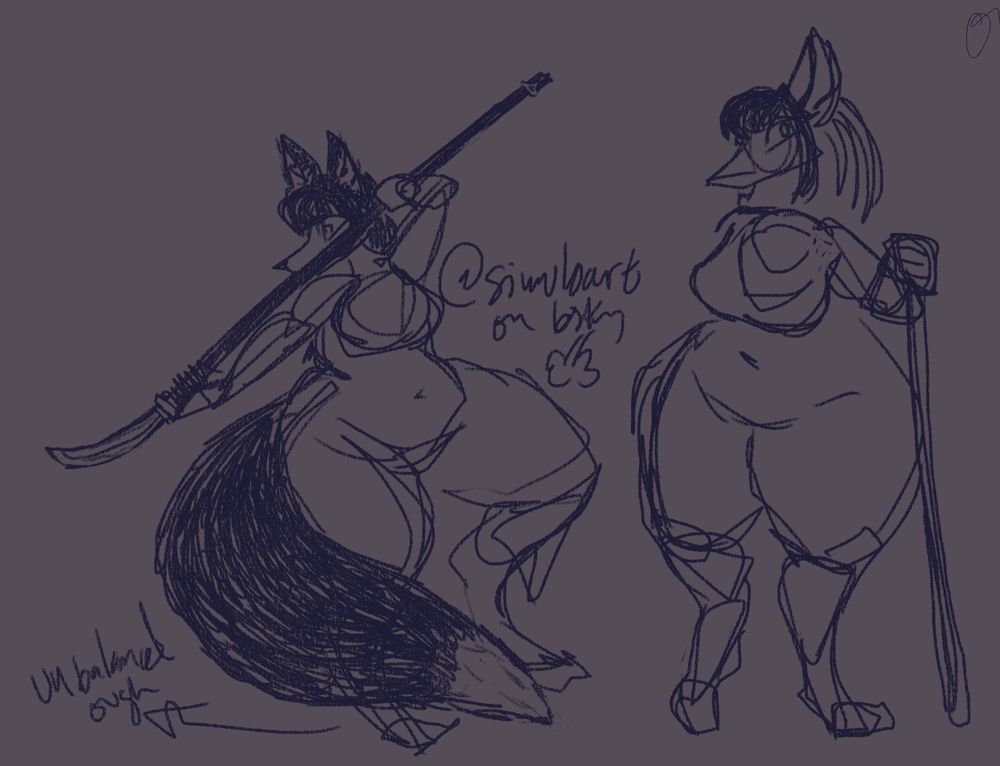 anthro foxes, one is posed with the text (unbalanced ough) and an arrow under it depicted the desired direction I wished I had moved the leg in
the one on the right is unfinished because I hated it