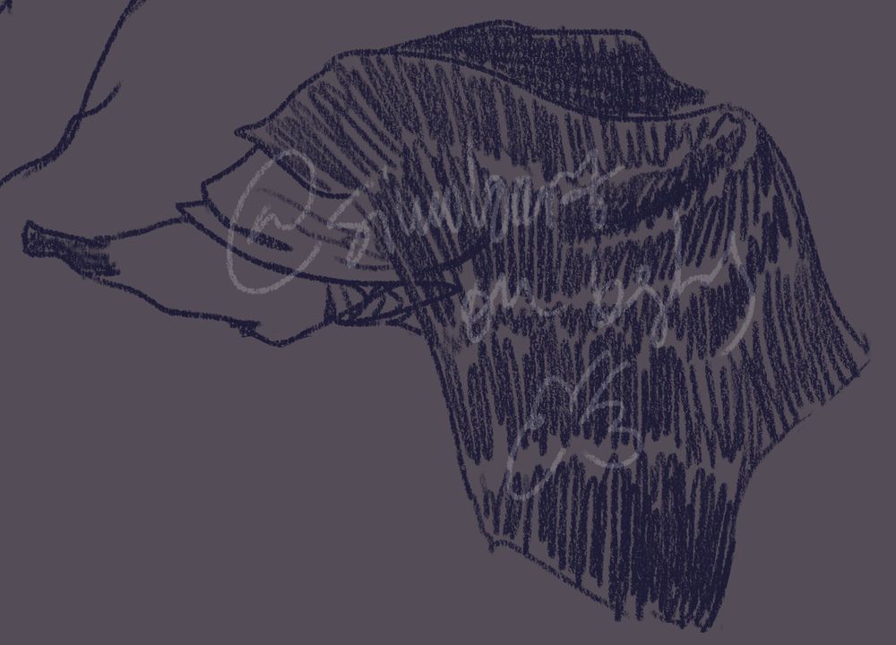a profile view of a canid-y head wearing a nun's veil (vaguely). The eyes are covered, the face is visibly humanoid (nose has human-ish nostrils, mouth is human, etc.) but also clearly animalistic. I did the uhhh scribbly hatching after seeing someone's art that looked really nice, I forget who though... 
@simuloart on bsky