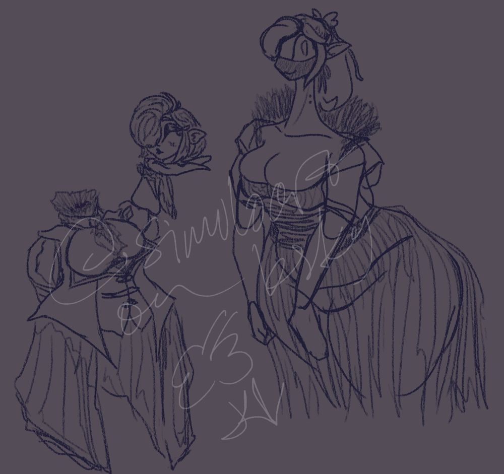 oughhhh I have to write so much since there's two oughhh
left one is a dullahan holding her own head up to the one on the right. She looks a little smug or whatever, bemused/etc. I pointed her ears a little cause I think it's fun to draw. She got short hair, I figured if it was long it'd be impractical with the whole head not attached? thing? like you'd walk by something and it'd catch and then you'd get like, undead whiplash from your disconnected head. That'd be awful I think. I referenced the Cainhurst stuff from Bloodborne because I really like bloodborne. It's the uhh male knight? ones? I'm not sure if you look for the art book stuff I referenced male and female knights concept art from that. I gave her a frilly neck and a cravat because I think it's fun for the headless design. 
The one on the right is supposed to look a lot like a vampire with a really long neck cause I think it'd be funny if someone so obviously a vampire was denying it, and nobody could call them out on it since it'd be disrespectful to a royal/etc. She has a face mask on, her hair is tied up. She has a really long neck with a stereotypical vampire bite mark midway up. Her dress features a lot of her upper body, and is pretty heavily based off of the art for queen Annalise from Bloodborne (one of the portraits for the outfit, the one that looks exactly like Annalise, is the one I used. I don't want to describe the outfits more than that... also I think describing things in such detail for alt text just helps scrapers? I'm not sure though, I do feel a little bad cause some people do need/want alt text to figure out what the image is of.
The terrible watermark says @simuloart on bsky