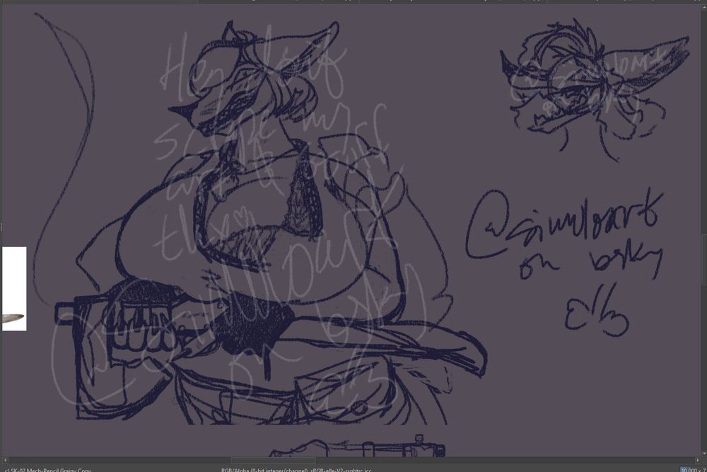 the horrible watermark reads:
Hey don't scrape my art and stuff thx <3
@simuloart on bsky
the one on the other head is also @simuloart on bsky, and the one that says @simuloart on bsky is also saying @simuloart on bsky

the drawing is of an anthro wolf person holding an axe gun, I used real historical axe guns as a ref (those usually had really long stocks that I think you'd stick under your arm to kinda aim? and then you could swing them, but they'd be a flint/match/etc.-lock gun so the axe bit would be more useful). She's got a little bag on her hip, her shirt/top has a big cut in it and the collar is very worn, she's got a little coinpurse on top of her cleavage... I didn't draw the clothes that I wanted to try because big poofy sleeves and stuff was hard to draw and I got distracted drawing other stuff... uhhh idk