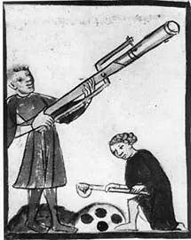 same as the other one (except way cruder looking), now the match is replaced with a long s-shaped lever that drops onto the touch hole to ignite the gunpowder. Also depicted is someone casting slugs? probably? I dunno I don't wanna go look it up