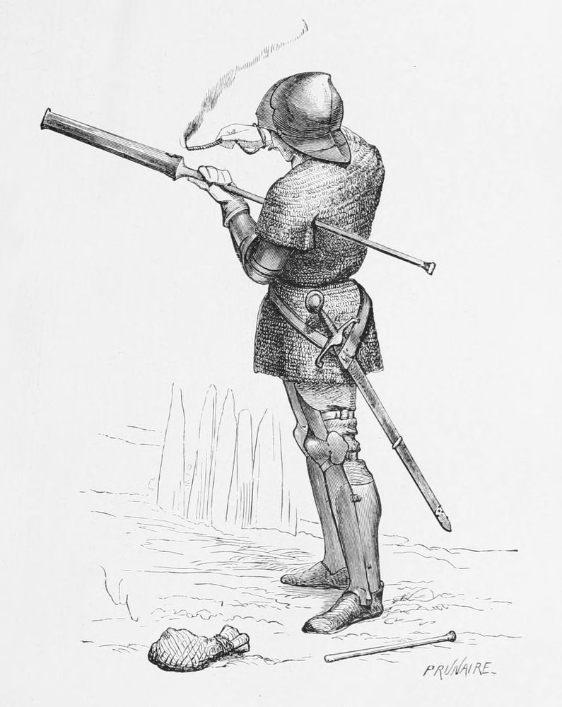 a depiction of a "handgonne" or hand cannon, or whatever else you'd want to call it. This example requires a slow burning match (saltpetre soaked match) to be touched onto the touch hole, which was a hole that allowed the gunpowder to be ignited. The "stock" of the handgonne is a long shaped stick, which could be held over the shoulder and braced or held under the armpit (or held through a pavise shield or something similar to brace the front end and keep it steady). 