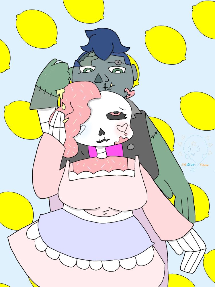 A pastel-clad skeleton with pink ectoplasm hair covered in sprinkles stands, and a zombie with blue hair is directly behind her. The zombie holds up a hand, squeezing the juice of a lemon onto the skeleton's head. The skeleton also has her hand raised, catching the lemon juice. The background is of lemons with a pastel blue backing. There is a logo of a ghost with sun rays that says "Solstice Flame" underneath.