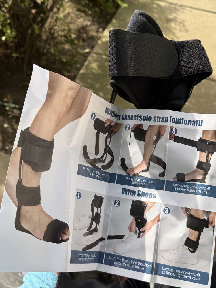 Size M on this one came with a good “how to use” guide. Both braces had a “sole strap” for wearing brace “barefoot” and similar figure-8 plastic support behind the ankle and up the calf. 

The calf strap was long enough on this one to wrap around my chunky calf…