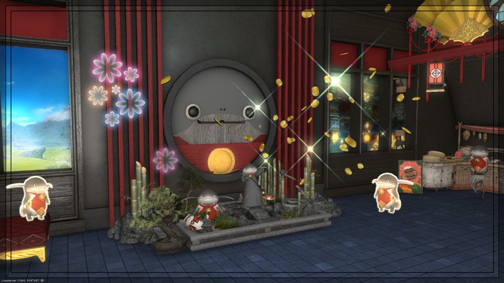 A namazu tossing coins at the museum's namazu annex, which has namazu themed decorations and an impressive namazu faceplate.