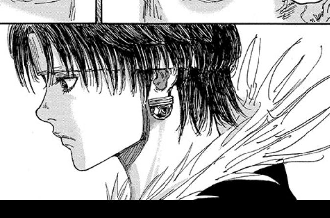 Chrollo, do mangá de Hunter x Hunter. Ele possui uma faixa segurando o cabelo, que cai levemente para baixo. Sua expressão também é triste.