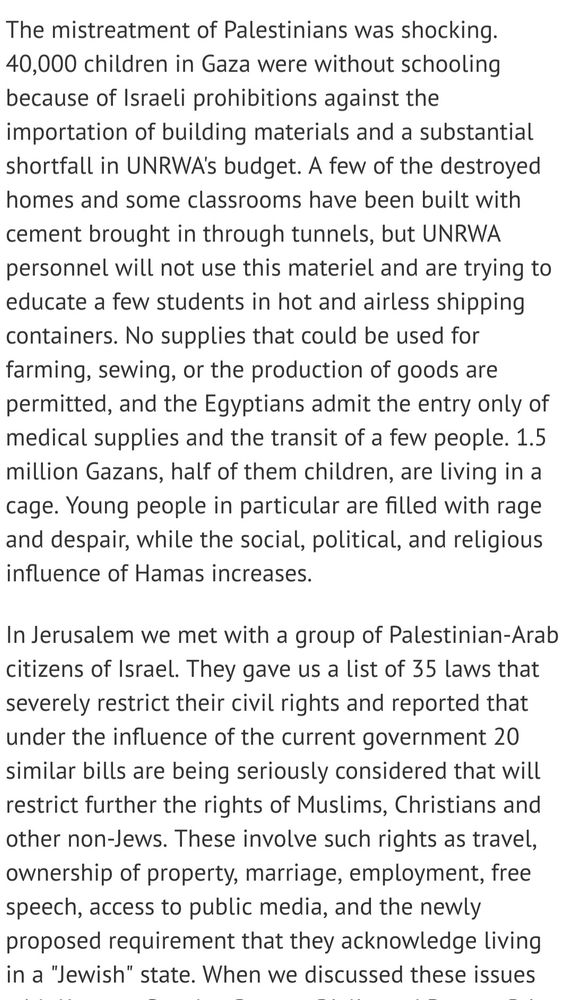 Excerpt from Jimmy Carter, Mary Robinson with others, The Elders' trip report to Palestine describes oppression of Palestinians by Israel and resultant rage especially among young people. 