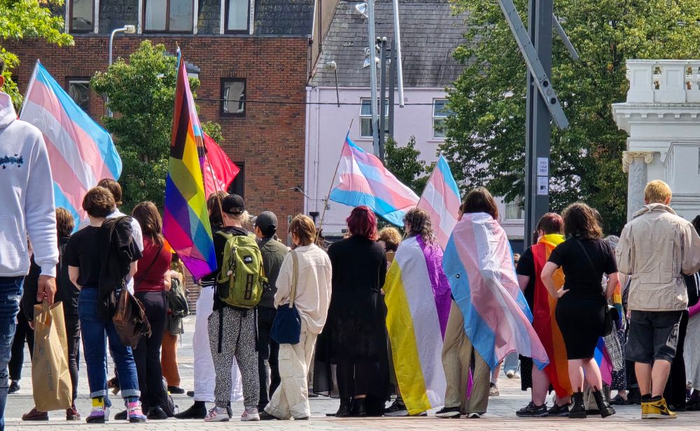 Trans rights gathering. Many flags. 