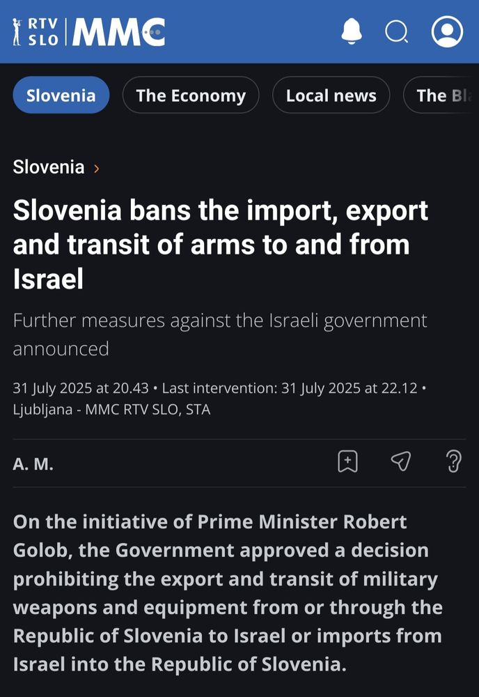 "The decision follows repeated announcements by Prime Minister Robert Golob that if the European Union does not adopt concrete measures against Israel by mid-July, Slovenia will act independently"

