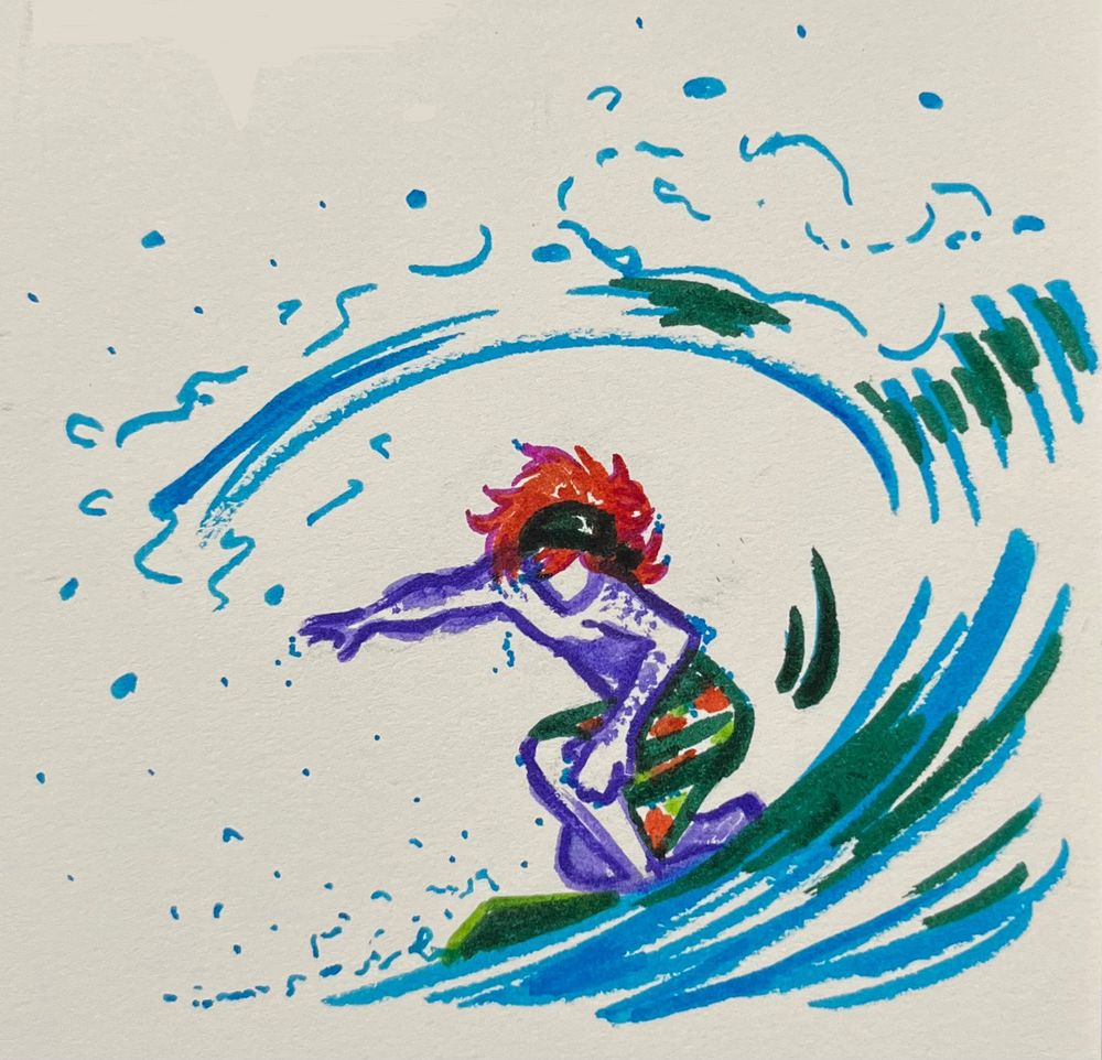 Reki from Sk8 the Infinity crouching on a surfboard. The wave he is riding makes an arc around him. He is wearing his hibiscus print swim trunks from episode six and his headband. There are freckles all over his shoulders, and little drops of water cling to the ends of his hair. His arm is splayed out to the left for balance.