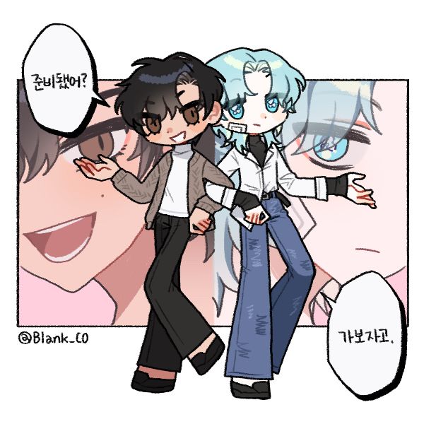 A picrew by @Blank_CO depicting two chibi characters posing together, hooking arms with one another. Behind is a more detailed view of each of their faces in a pink box. The white background is decorated with speech bubbles which read, “Ready?” and “Let’s go.” when translated from Korean.

The subject on the right is Langa Hasegawa. He has light blue hair in a mullet style and lidded eyes. His mouth is set in a neutral line. He wears blue jeans and a black turtleneck layered under a white collared shirt.

The subject on the left has black hair parted on the right, brown eyes, and wears a white turtleneck, brown cardigan, and black pants. His mouth is open in a grin.