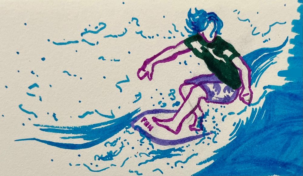 Langa from Sk8 the Infinity on a surfboard. He is surrounded by seafoam from the wave he is riding, depicted with a mix of dots and bold lines. He is wearing his swimwear from episode six, a dark shirt and trunks. He balances with two arms out. His surfboard reads “FUN” in small pink print.