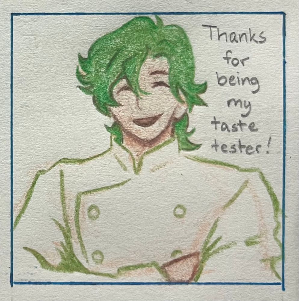Panel 4: The speaker is revealed to be Kojiro Nanjo (Joe). He has tan skin, wavy green hair, and is wearing a chef's coat. He folds his arms over his broad chest and says with a smile, "Thanks for being my taste tester!"