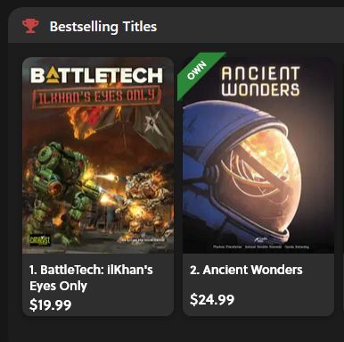 The Bestselling Titles section on DriveThuRPG showing Ancient Wonders in #2 position.