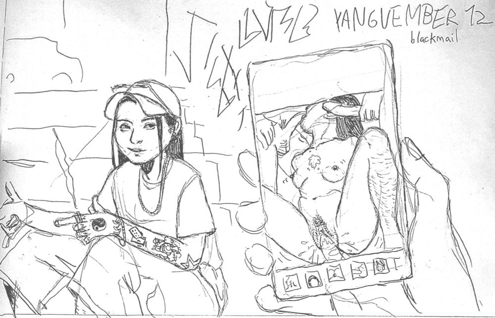 Xue Yang in Brazilian mandrake attire, sitting on the steps of a quebrada, making hand guns and smoking weed. On the foreground theres a hand holding a phone, showing a video of the same Xue Yang naked, riding a dick and sucking other two, his face doesnt appear