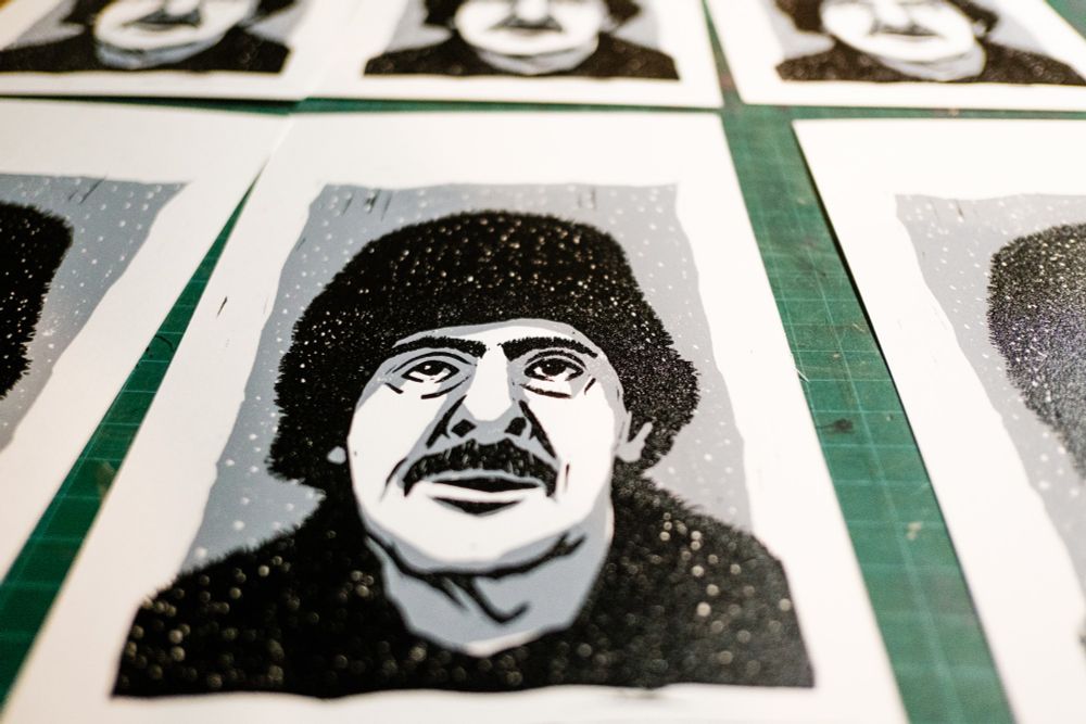 Edition of linocut prints entitled "Woe's Hollow" depicting Irving B., a character from the television program "Severance". 