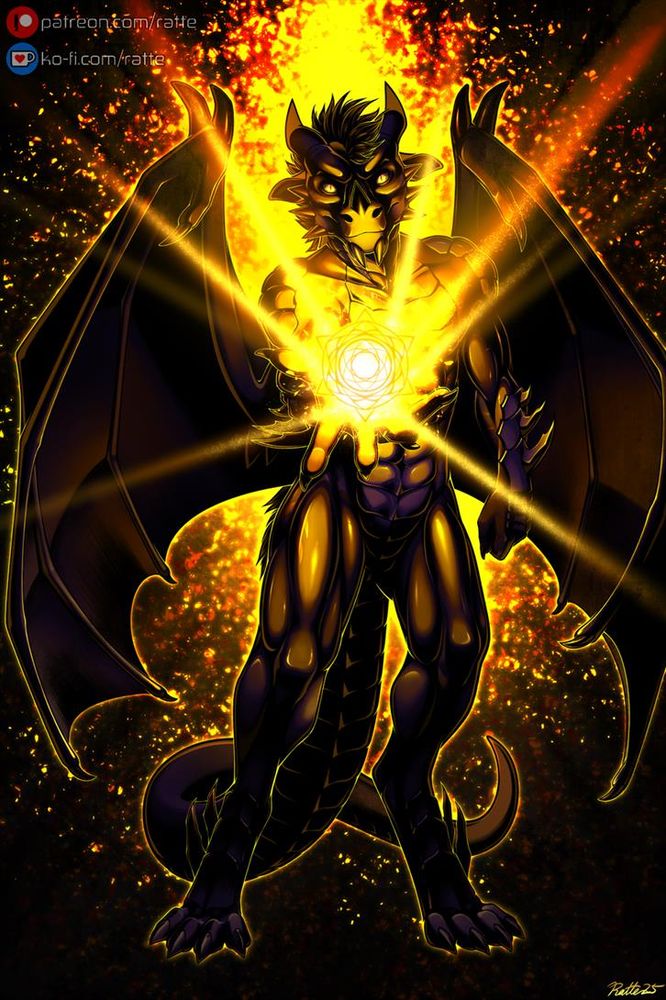 A black male anthropomorphic dragon with an outstretched hand holding a mass of light with a mandala-like symbol.