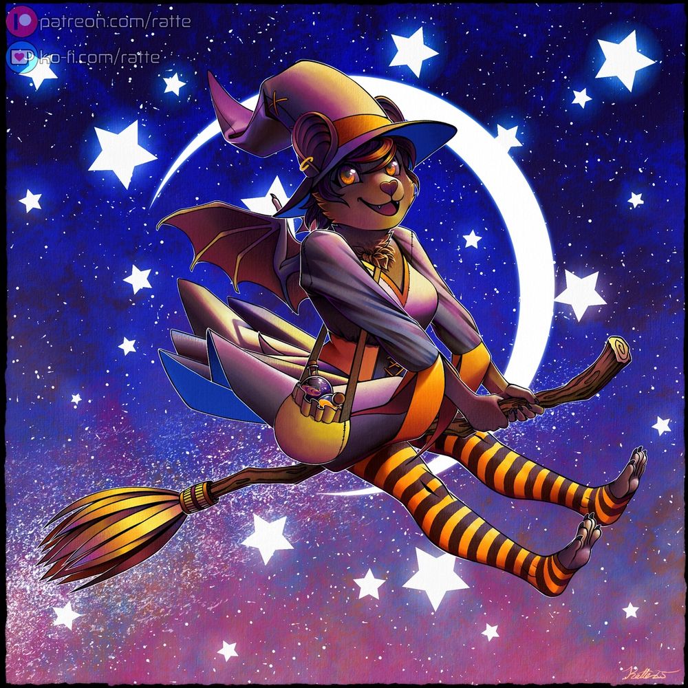 A female anthropomorphic Comoros flying fox bat on a broomstick while dressed as a witch against a stylized night sky background.
