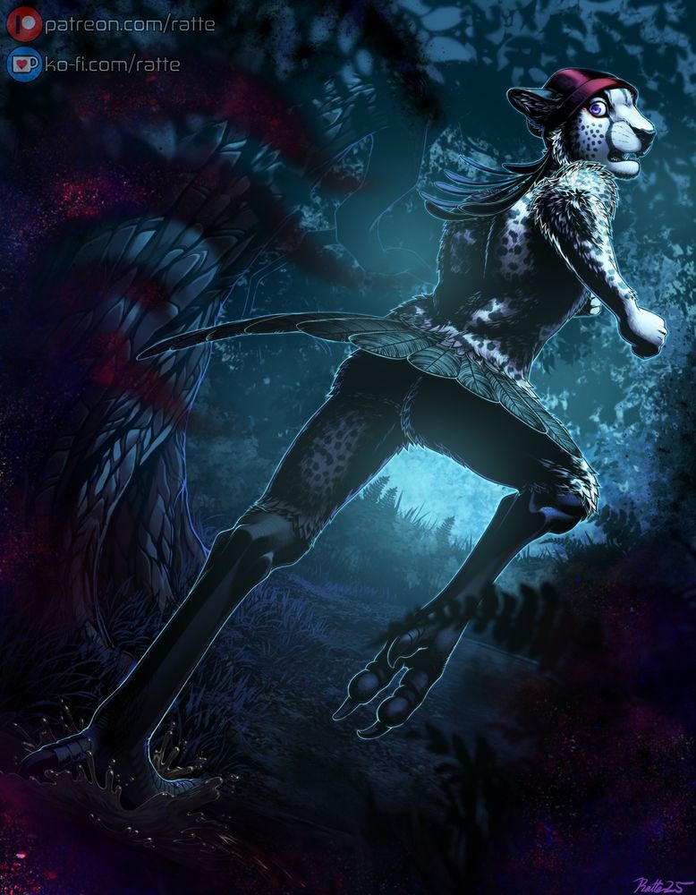 A male cheetah/secretary bird hybrid anthropomorphic character running from a cosmic black fog in a forest setting.