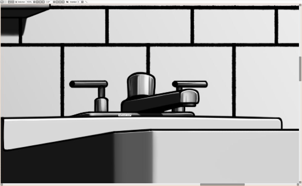 Zoomed-in work-in-progress art showing a bathroom sink.