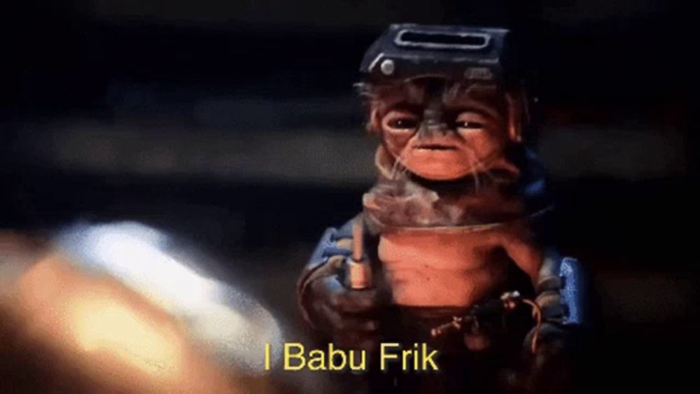 a cartoon character says i babu frik while holding a gun