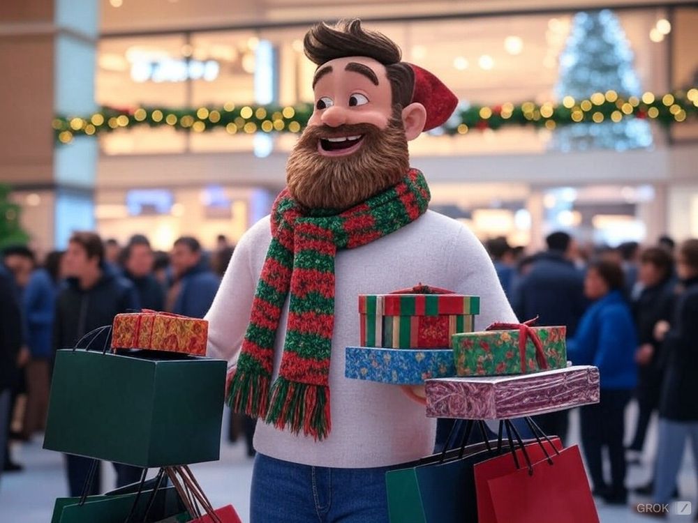 A Pixar-esque version of Scott, wearing a white sweater, red & green scarf, and jeans, with a ret hat perched on the back of his head. His hands are full with wrapped boxes and presents, and behind him is a crowded mall or store decorated for Christmas, with everyone in softer focus.