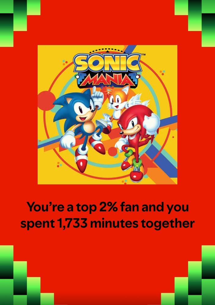 Spotify wrapped that says "you're the top 2% fabric and you spend 1,733 minutes together" showing Sega Sound Team