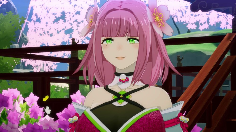 A woman from rune factory guardians of azuma. She has shoulder length pink hair with pink Sakura flowers in it. Bright green eyes. Her outfit is red and black.
