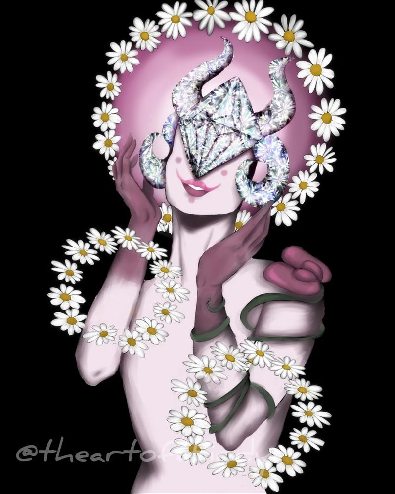 A digital illustration of a personified representation of the month of April in angel form. The angel has a pastel pink body and dark pink hands. On its left arm and shoulder is an oversized sweet pea rings of daisies circle it's head and arms. It has pink face paint similar to a clowns and two sets of horns that look like diamonds and a large diamond that covers it's eyes.
